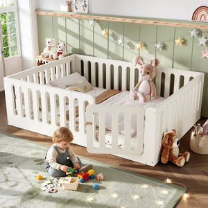 English Elm Queen Montessori Floor Bed Solid Wood Frame with Playhouse Door for Kids Rooms Beige W5305S00066