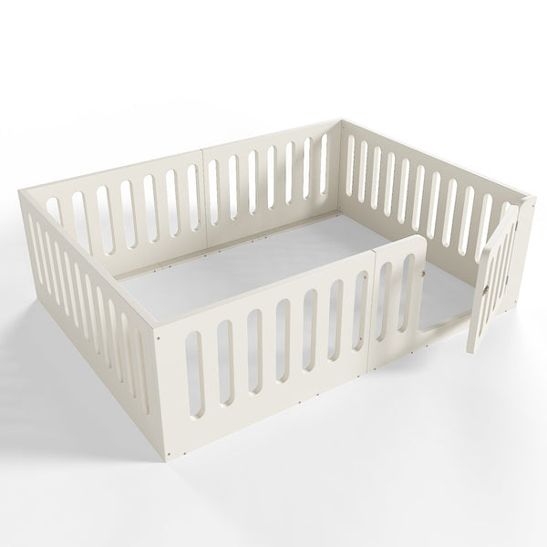 English Elm Queen Montessori Floor Bed Solid Wood Frame with Playhouse Door for Kids Rooms Beige W5305S00066