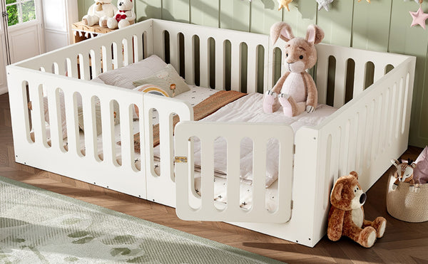 English Elm Queen Montessori Floor Bed Solid Wood Frame with Playhouse Door for Kids Rooms Beige W5305S00066