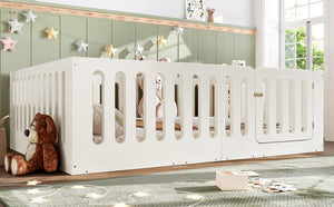 English Elm Queen Montessori Floor Bed Solid Wood Frame with Playhouse Door for Kids Rooms Beige W5305S00066