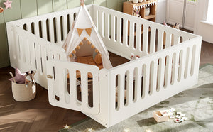 English Elm Queen Montessori Floor Bed Solid Wood Frame with Playhouse Door for Kids Rooms Beige W5305S00066