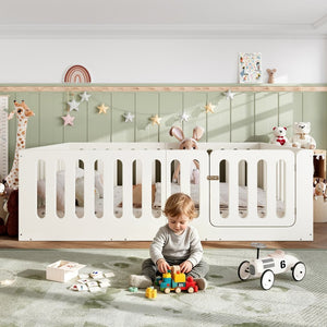 English Elm Queen Montessori Floor Bed Solid Wood Frame with Playhouse Door for Kids Rooms Beige W5305S00066