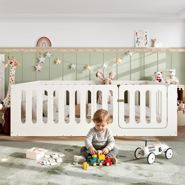 English Elm Queen Montessori Floor Bed Solid Wood Frame with Playhouse Door for Kids Rooms Beige W5305S00066
