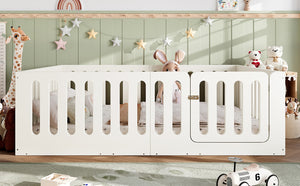 English Elm Queen Montessori Floor Bed Solid Wood Frame with Playhouse Door for Kids Rooms Beige W5305S00066