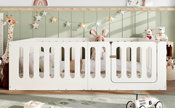 English Elm Queen Montessori Floor Bed Solid Wood Frame with Playhouse Door for Kids Rooms Beige W5305S00066