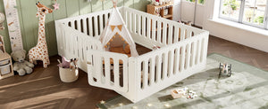 English Elm Queen Montessori Floor Bed Solid Wood Frame with Playhouse Door for Kids Rooms Beige W5305S00066