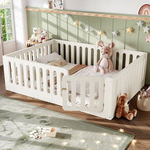 English Elm Queen Montessori Floor Bed Solid Wood Frame with Playhouse Door for Kids Rooms Beige W5305S00066