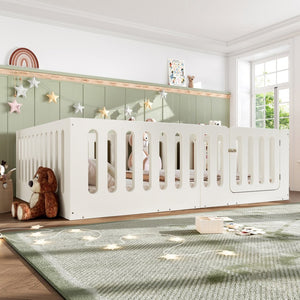 English Elm Queen Montessori Floor Bed Solid Wood Frame with Playhouse Door for Kids Rooms Beige W5305S00066