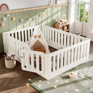 English Elm Queen Montessori Floor Bed Solid Wood Frame with Playhouse Door for Kids Rooms Beige W5305S00066