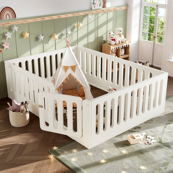 English Elm Queen Montessori Floor Bed Solid Wood Frame with Playhouse Door for Kids Rooms Beige W5305S00066