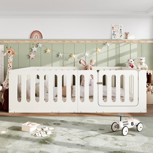 English Elm Queen Montessori Floor Bed Solid Wood Frame with Playhouse Door for Kids Rooms Beige W5305S00066