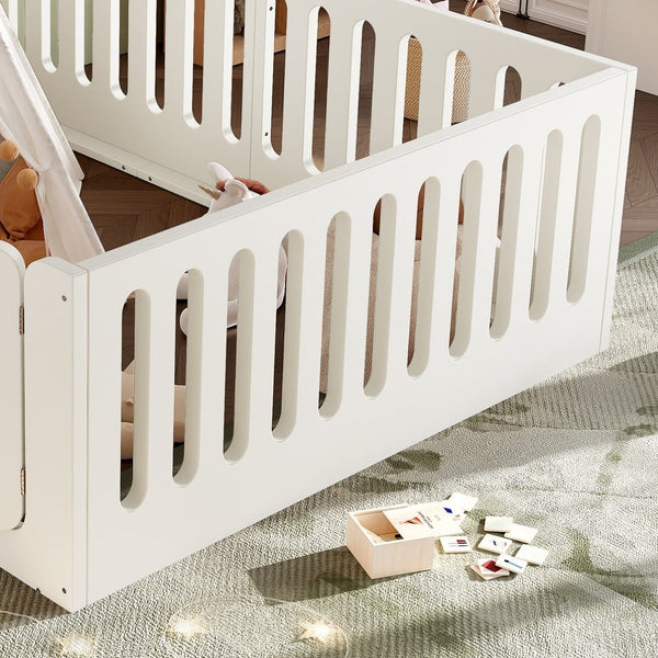 English Elm Queen Montessori Floor Bed Solid Wood Frame with Playhouse Door for Kids Rooms Beige W5305S00066