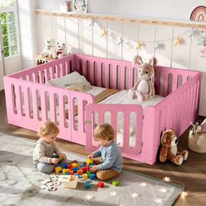 English Elm Queen Montessori Floor Bed Solid Wood Frame with Playhouse Door for Kids Rooms Pink W5305S00067