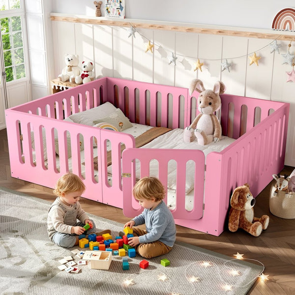 English Elm Queen Montessori Floor Bed Solid Wood Frame with Playhouse Door for Kids Rooms Pink W5305S00067