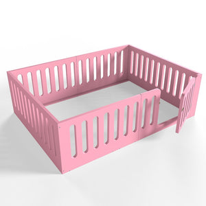 English Elm Queen Montessori Floor Bed Solid Wood Frame with Playhouse Door for Kids Rooms Pink W5305S00067