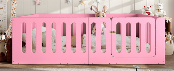 English Elm Queen Montessori Floor Bed Solid Wood Frame with Playhouse Door for Kids Rooms Pink W5305S00067