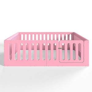 English Elm Queen Montessori Floor Bed Solid Wood Frame with Playhouse Door for Kids Rooms Pink W5305S00067