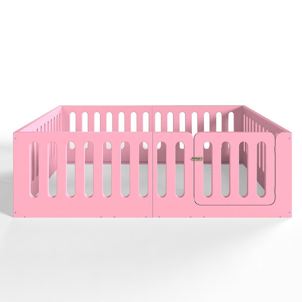 English Elm Queen Montessori Floor Bed Solid Wood Frame with Playhouse Door for Kids Rooms Pink W5305S00067