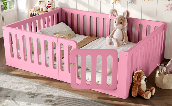 English Elm Queen Montessori Floor Bed Solid Wood Frame with Playhouse Door for Kids Rooms Pink W5305S00067
