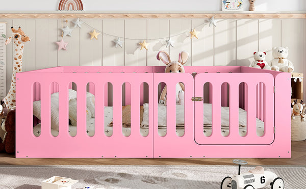 English Elm Queen Montessori Floor Bed Solid Wood Frame with Playhouse Door for Kids Rooms Pink W5305S00067