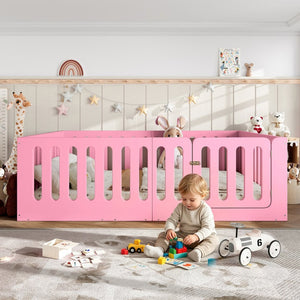 English Elm Queen Montessori Floor Bed Solid Wood Frame with Playhouse Door for Kids Rooms Pink W5305S00067