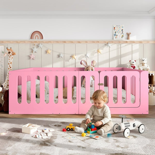 English Elm Queen Montessori Floor Bed Solid Wood Frame with Playhouse Door for Kids Rooms Pink W5305S00067