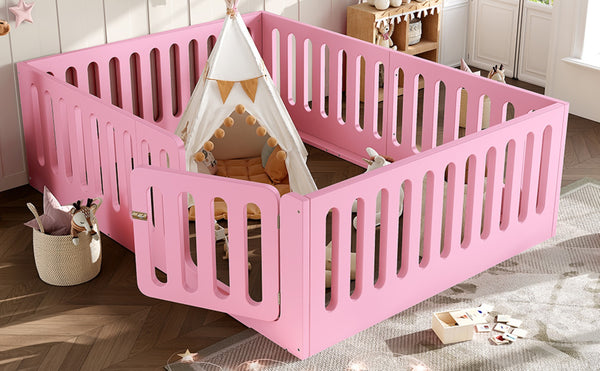 English Elm Queen Montessori Floor Bed Solid Wood Frame with Playhouse Door for Kids Rooms Pink W5305S00067