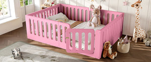English Elm Queen Montessori Floor Bed Solid Wood Frame with Playhouse Door for Kids Rooms Pink W5305S00067
