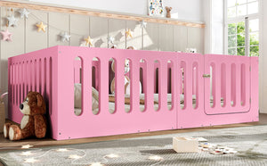 English Elm Queen Montessori Floor Bed Solid Wood Frame with Playhouse Door for Kids Rooms Pink W5305S00067