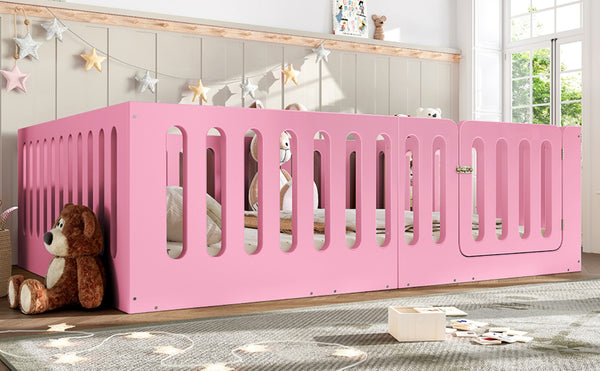 English Elm Queen Montessori Floor Bed Solid Wood Frame with Playhouse Door for Kids Rooms Pink W5305S00067