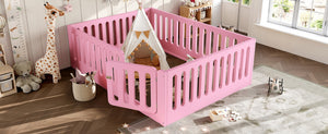 English Elm Queen Montessori Floor Bed Solid Wood Frame with Playhouse Door for Kids Rooms Pink W5305S00067