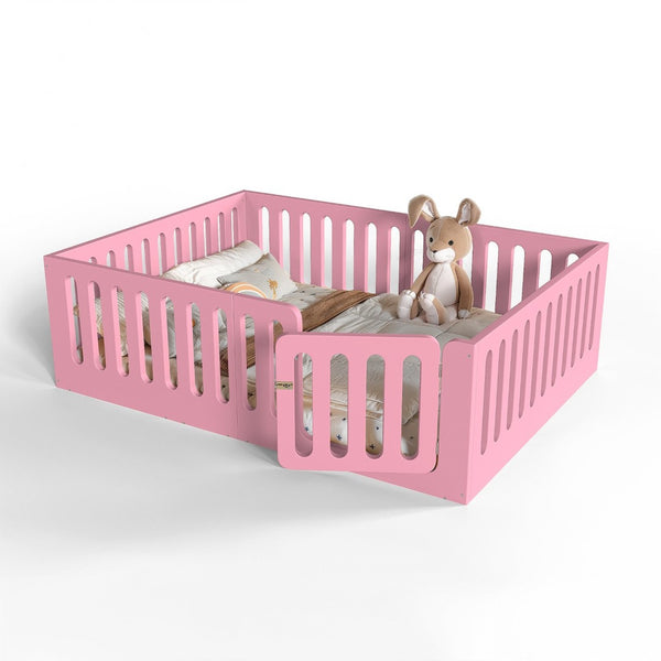 English Elm Queen Montessori Floor Bed Solid Wood Frame with Playhouse Door for Kids Rooms Pink W5305S00067