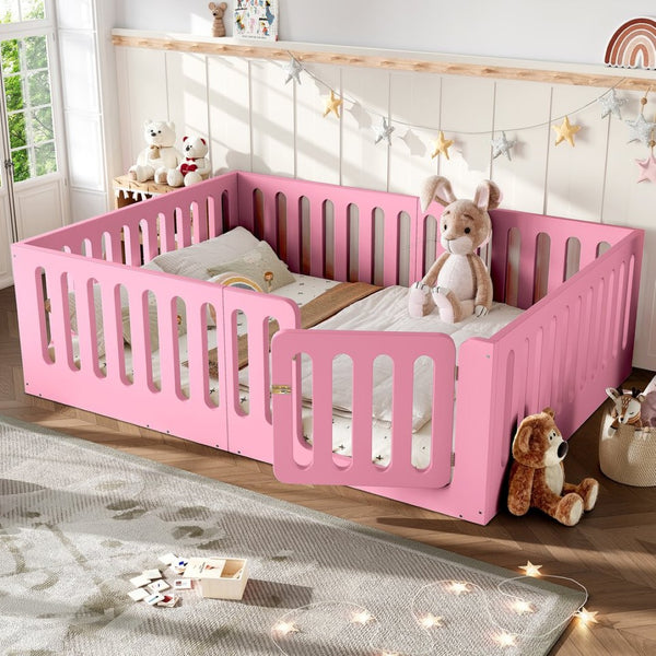 English Elm Queen Montessori Floor Bed Solid Wood Frame with Playhouse Door for Kids Rooms Pink W5305S00067