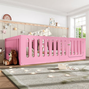 English Elm Queen Montessori Floor Bed Solid Wood Frame with Playhouse Door for Kids Rooms Pink W5305S00067