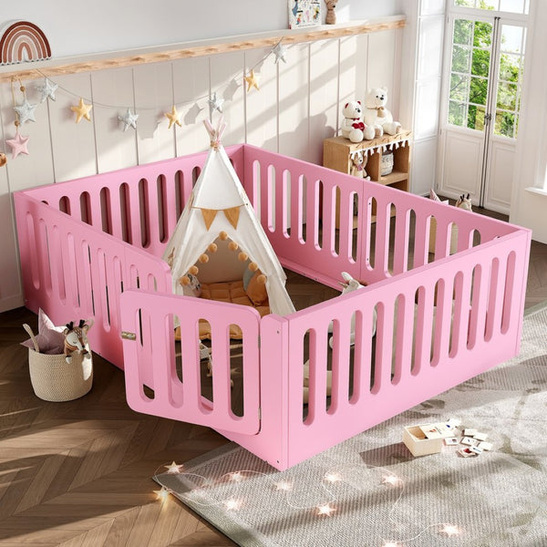 English Elm Queen Montessori Floor Bed Solid Wood Frame with Playhouse Door for Kids Rooms Pink W5305S00067