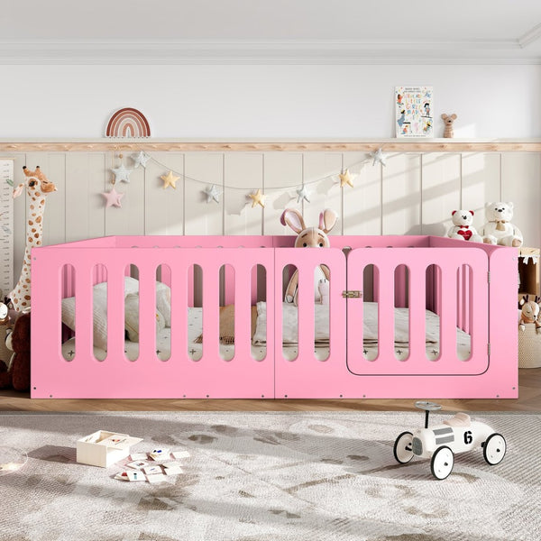 English Elm Queen Montessori Floor Bed Solid Wood Frame with Playhouse Door for Kids Rooms Pink W5305S00067