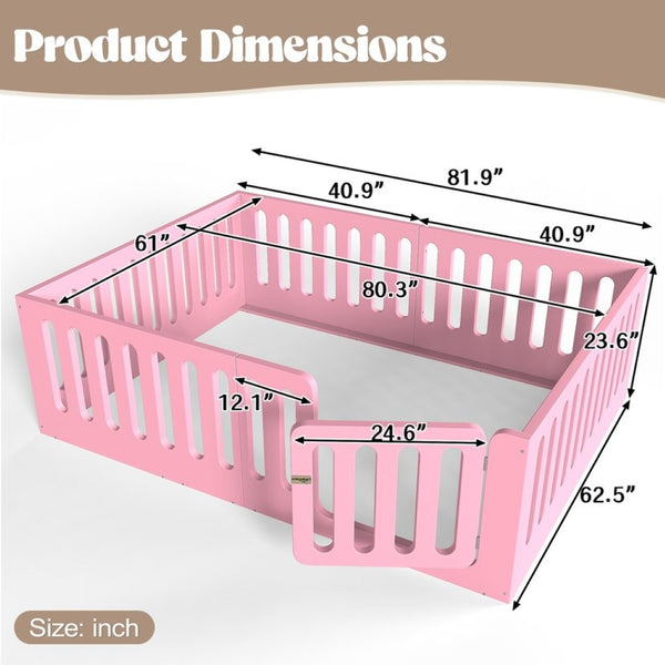 English Elm Queen Montessori Floor Bed Solid Wood Frame with Playhouse Door for Kids Rooms Pink W5305S00067
