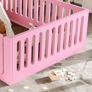 English Elm Queen Montessori Floor Bed Solid Wood Frame with Playhouse Door for Kids Rooms Pink W5305S00067