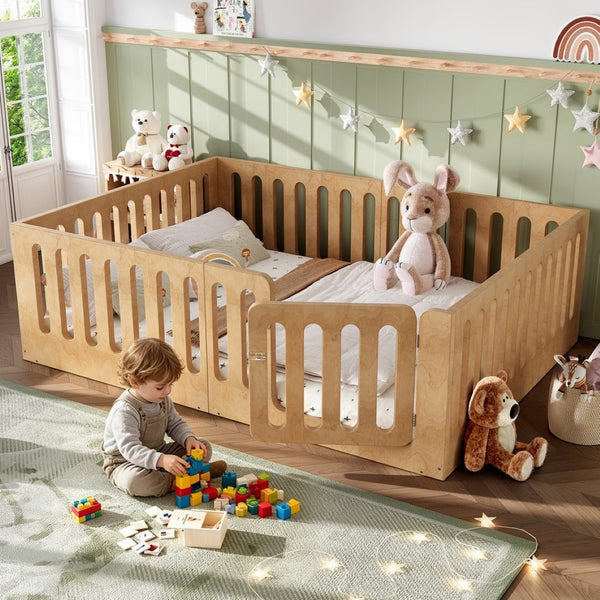 English Elm Queen Montessori Floor Bed Solid Wood Frame with Playhouse Door for Kids Rooms Natural W5305S00068