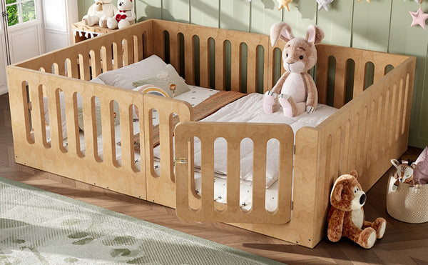 English Elm Queen Montessori Floor Bed Solid Wood Frame with Playhouse Door for Kids Rooms Natural W5305S00068