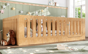 English Elm Queen Montessori Floor Bed Solid Wood Frame with Playhouse Door for Kids Rooms Natural W5305S00068