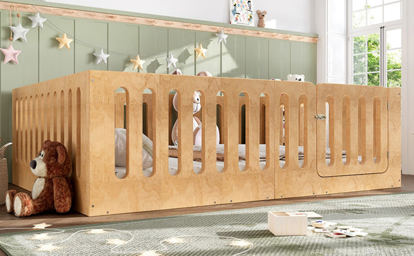 English Elm Queen Montessori Floor Bed Solid Wood Frame with Playhouse Door for Kids Rooms Natural W5305S00068