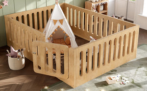 English Elm Queen Montessori Floor Bed Solid Wood Frame with Playhouse Door for Kids Rooms Natural W5305S00068