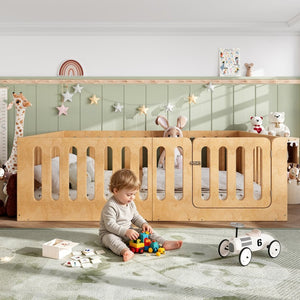 English Elm Queen Montessori Floor Bed Solid Wood Frame with Playhouse Door for Kids Rooms Natural W5305S00068