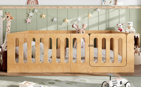 English Elm Queen Montessori Floor Bed Solid Wood Frame with Playhouse Door for Kids Rooms Natural W5305S00068