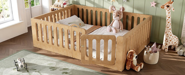 English Elm Queen Montessori Floor Bed Solid Wood Frame with Playhouse Door for Kids Rooms Natural W5305S00068