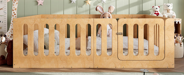 English Elm Queen Montessori Floor Bed Solid Wood Frame with Playhouse Door for Kids Rooms Natural W5305S00068