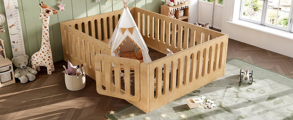 English Elm Queen Montessori Floor Bed Solid Wood Frame with Playhouse Door for Kids Rooms Natural W5305S00068