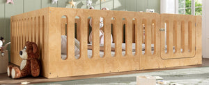 English Elm Queen Montessori Floor Bed Solid Wood Frame with Playhouse Door for Kids Rooms Natural W5305S00068