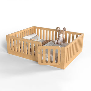 English Elm Queen Montessori Floor Bed Solid Wood Frame with Playhouse Door for Kids Rooms Natural W5305S00068